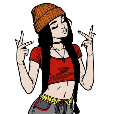 realistic teenage girl with braids and a beanie and crop top doing 🫶🏼