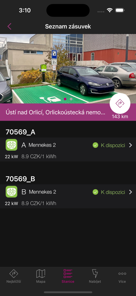Mobile app screen showing details of an EV charging station including available sockets and pricing