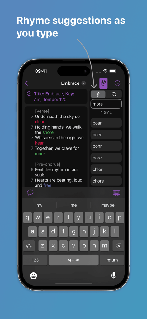 iPhone screenshot of Lyrcs app showing real-time rhyme suggestions and syllable counting while writing lyrics.