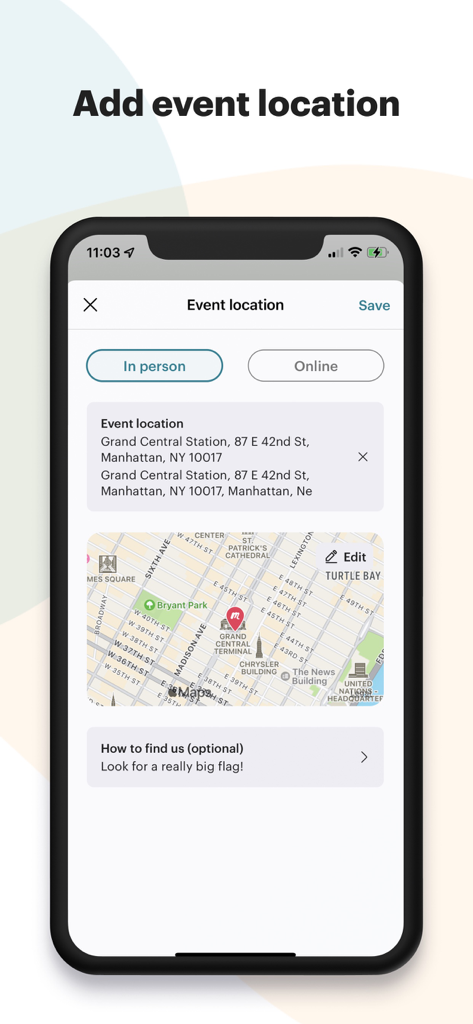 Meetup for Organizers app screen showing the interface to add an in person event location with a map view and arrival instructions