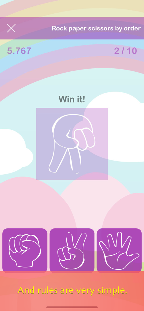 Screenshot di un gioco di reazione sasso-carta-forbici all'interno dell'app Brain Training