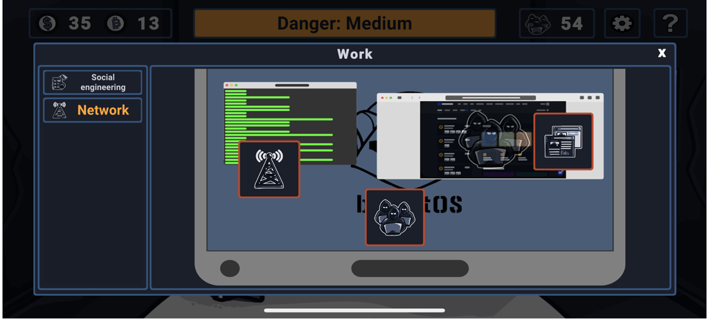 Hacker Simulator. Hacking Game - Jugabilidad de Hacker Simulator mostrando la interfaz de hacking de red con un nivel de peligro medio