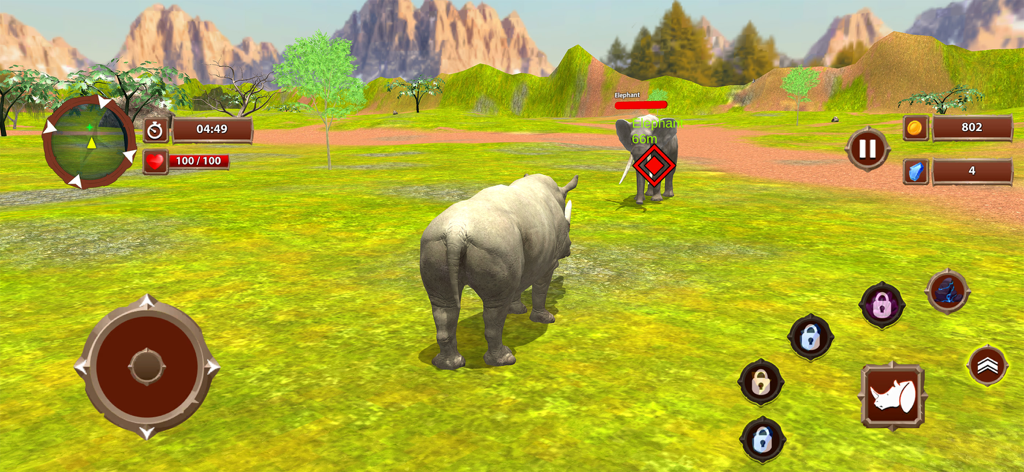 Virtual Wild Rhino Family Sim - A rhinoceros facing an elephant in a wild jungle simulation game