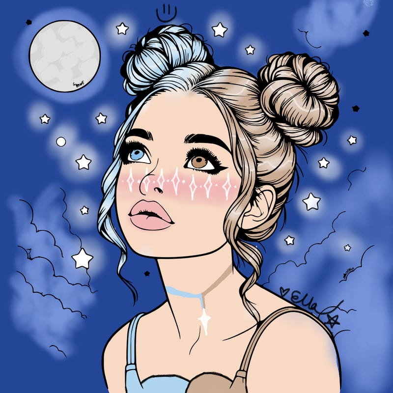 realistic girl with space buns looking up into the sky