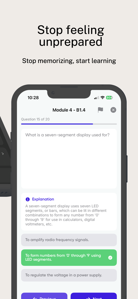 Part-66 Pro: EASA Mock Exam - A mobile app screen showing a Part-66 exam question about seven-segment displays with a correct answer and detailed explanation.