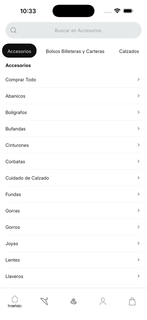 Traetelo Fashion Shopping - Uno schermo del menu dell'app Traetelo che mostra varie categorie di accessori di moda in spagnolo come sciarpe, cinture e gioielli.