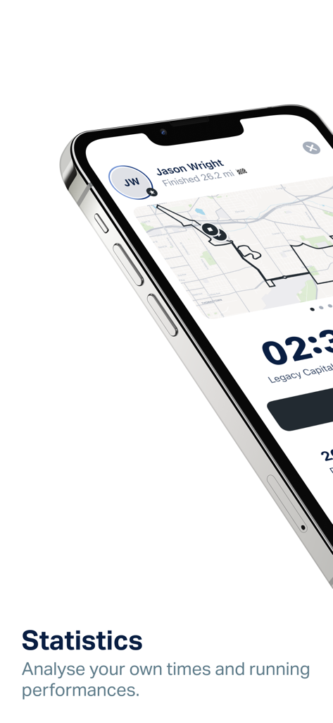 The Woodlands Marathon - The Woodlands Marathon app interface showing race statistics and runner route map.