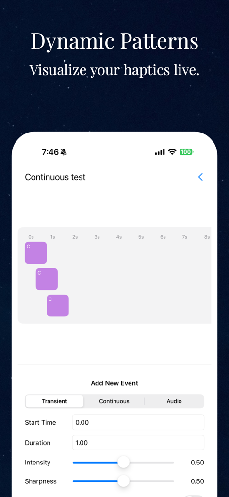 HapticCode - HapticCode app interface showing the dynamic haptic pattern timeline and event controls for intensity and sharpness.