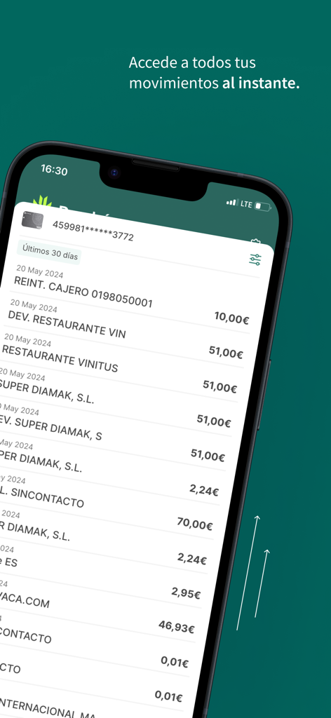 Ruralvia Pay app interface showing a detailed list of recent bank transactions and account movements.