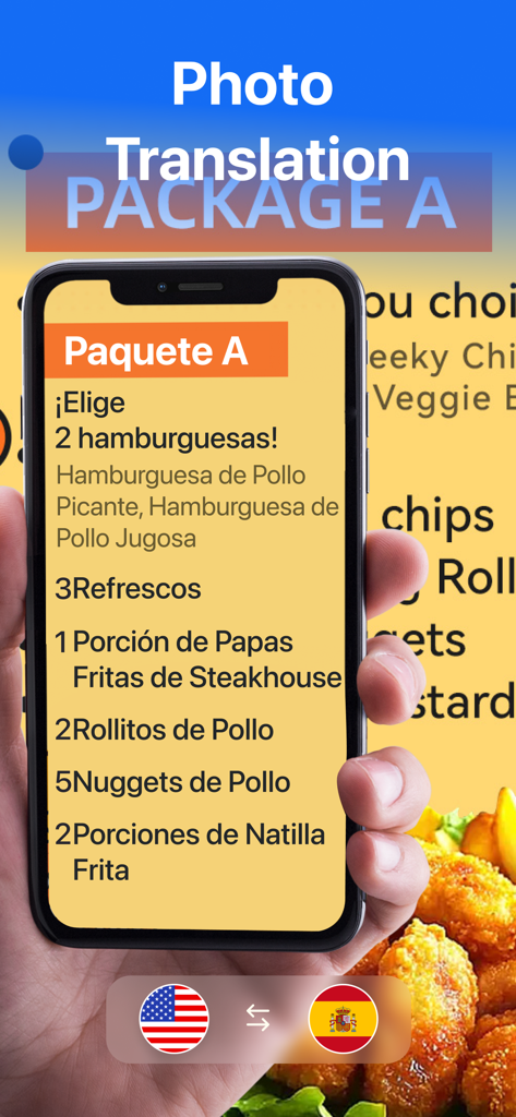 An iPhone using the Translate Up app photo translation feature to translate a restaurant menu into Spanish.