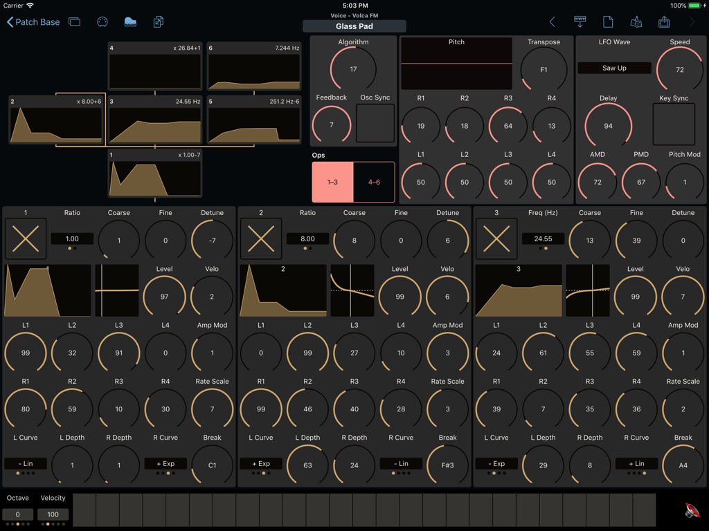 Patch Base synthesizer editor interface showing sound parameters for the Volca FM