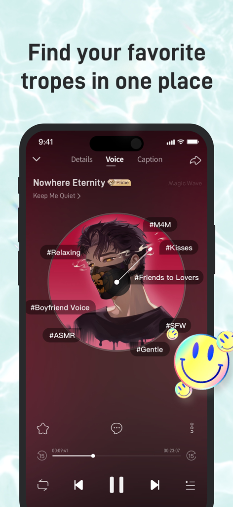 MagicWave: Spicy Audio Stories - A smartphone displaying the MagicWave app interface with an audio story featuring various romance tropes like Friends to Lovers and Boyfriend Voice.