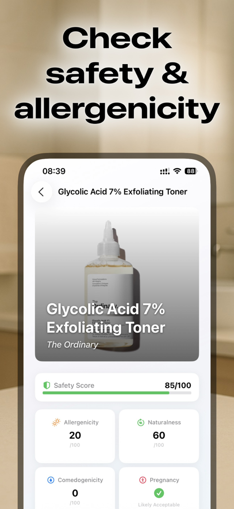 Cosmetic Scanner: CosmiqAI - CosmiqAI app screen showing safety and allergenicity analysis for a skincare toner