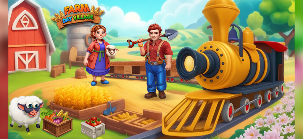 Two characters standing by a yellow steam train and a red barn in a rustic village farm setting