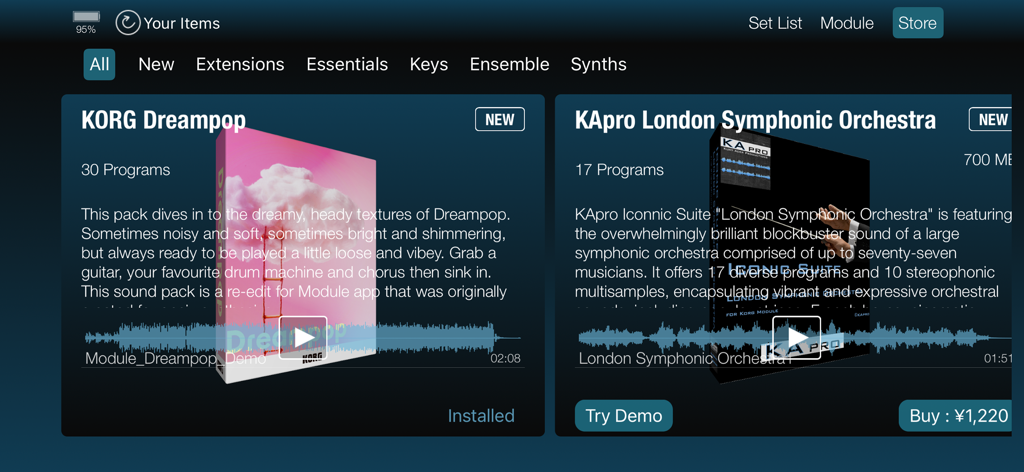 Interface da loja do aplicativo KORG Module exibindo pacotes de expansão de som para produção musical.