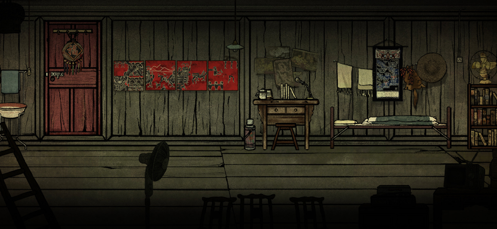 The Bride - Sala de madeira com pouca luz e decoração e móveis tradicionais chineses no jogo de quebra-cabeça de terror The Bride.