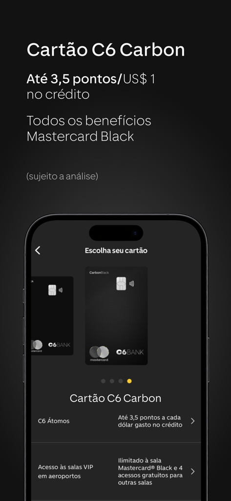 C6 Bank app interface displaying C6 Carbon Mastercard Black benefits and point rewards