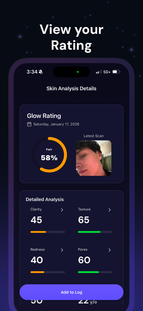 Noma - Get Rid of Acne - Mobile screen showing the Noma app skin analysis with a glow rating and detailed metrics for clarity and texture
