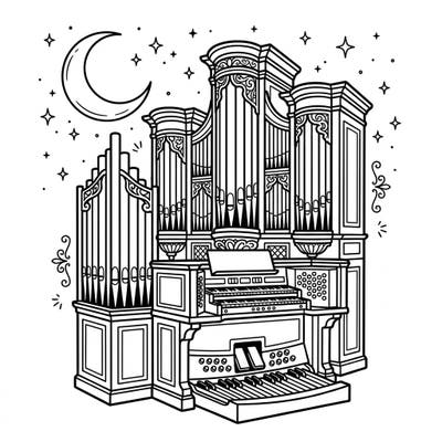 Immerse yourself in the enchanting beauty of a majestic pipe organ under a serene night sky, adorned with a crescent moon and sparkling stars. This intricate coloring page offers a unique blend of musical grandeur and celestial wonder, perfect for a relaxing coloring session.