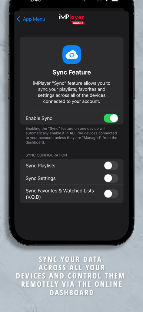 Recurso de sincronização do aplicativo móvel iMPlayer IPTV para playlists e favoritos