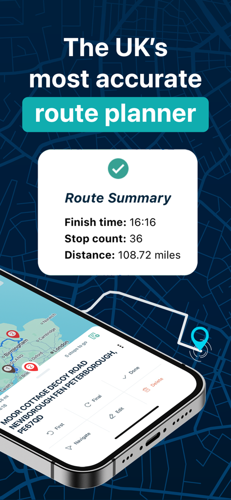Delm8 City Navigation, Maps UK - Delm8 app displaying a route summary with finish time distance and stop count