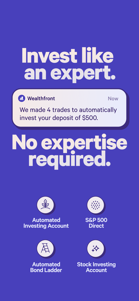 Wealthfront: Save and Invest - Interfaz de la aplicación Wealthfront que muestra funciones de inversión automatizada y notificaciones de operaciones de expertos