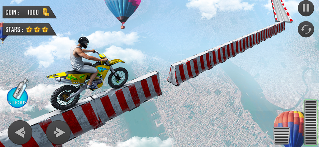 Xtreme MotorBikes Racing Games - A yellow dirt bike performing a high-altitude stunt on a red and white striped mega ramp over a city.