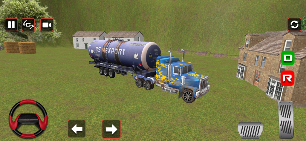 Offroad Truck Simulation Games - Blue semi truck with flame decals pulling a tanker trailer in a grassy field in an offroad simulation game