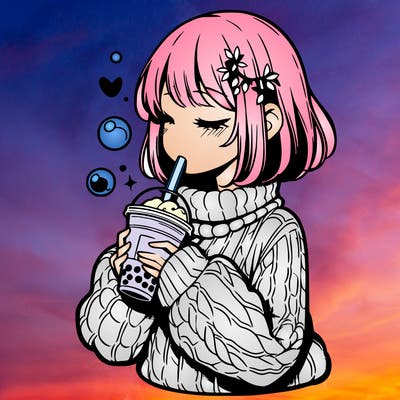 manga girl drinking boba in cozy sweater