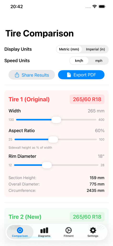 ホイール＆タイヤのマッチングアプリで、タイヤサイズと仕様を比較するインターフェース。
