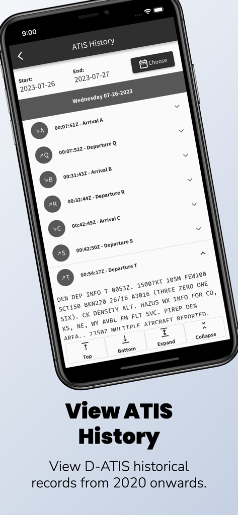 ATIS App - Screenshot of the ATIS App showing a list of historical airport weather and operational records with detailed departure information.