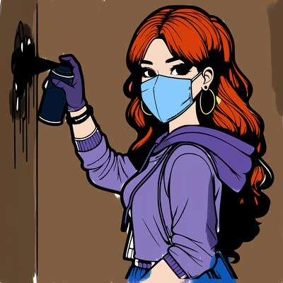 realistic girl with mask spray painting a wall