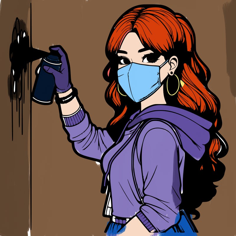 realistic girl with mask spray painting a wall