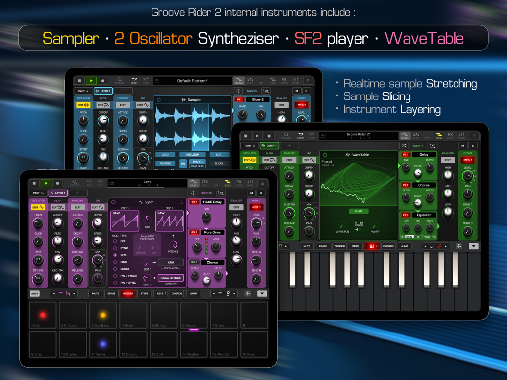 Groove Rider 2 - Interfaccia dell'app Groove Rider 2 che mostra strumenti interni tra cui campionatore e sintetizzatore wavetable