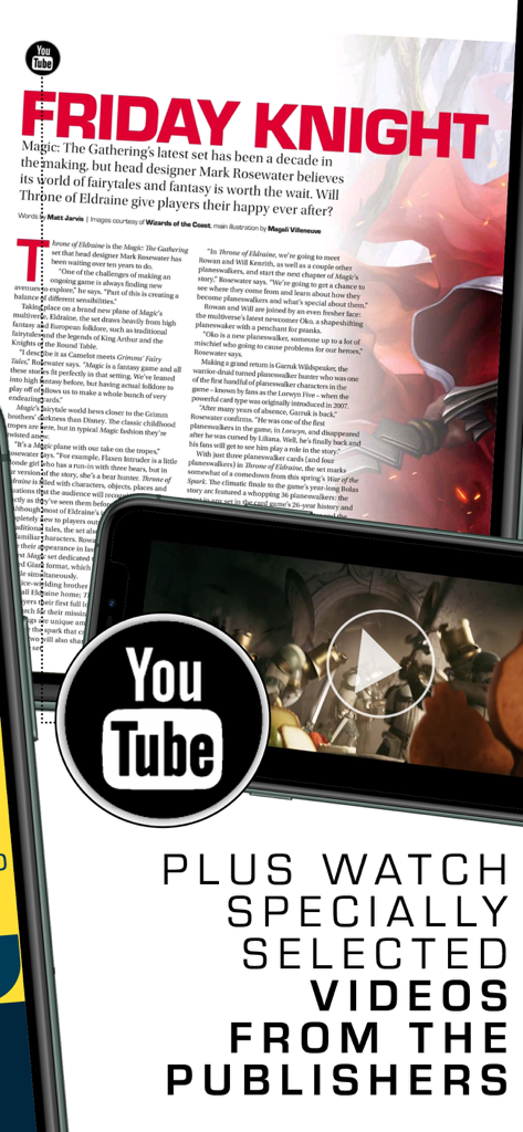 Digital magazine interface showing a gaming article and embedded video player
