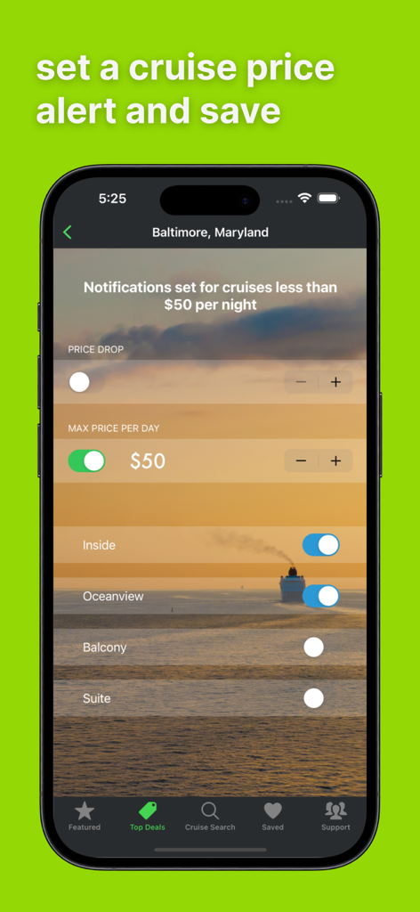 Smartphone-Bildschirm mit Preisalarm-Einstellungen für Kreuzfahrten unter 50 USD pro Nacht in der Cruise Deals App
