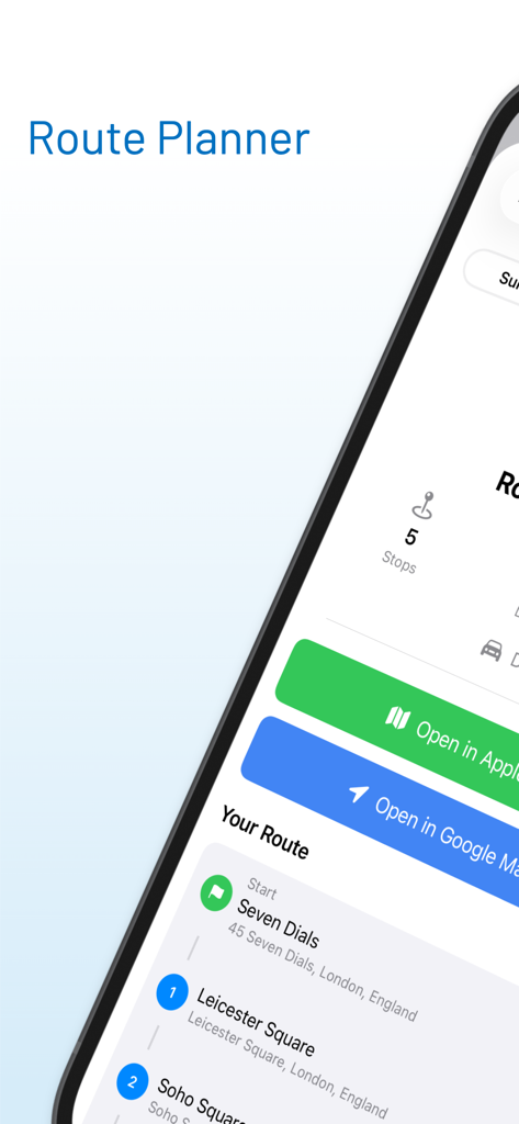 RouteGO - Route Planner - RouteGO app interface showing optimized multi stop route with buttons to open in Apple Maps or Google Maps