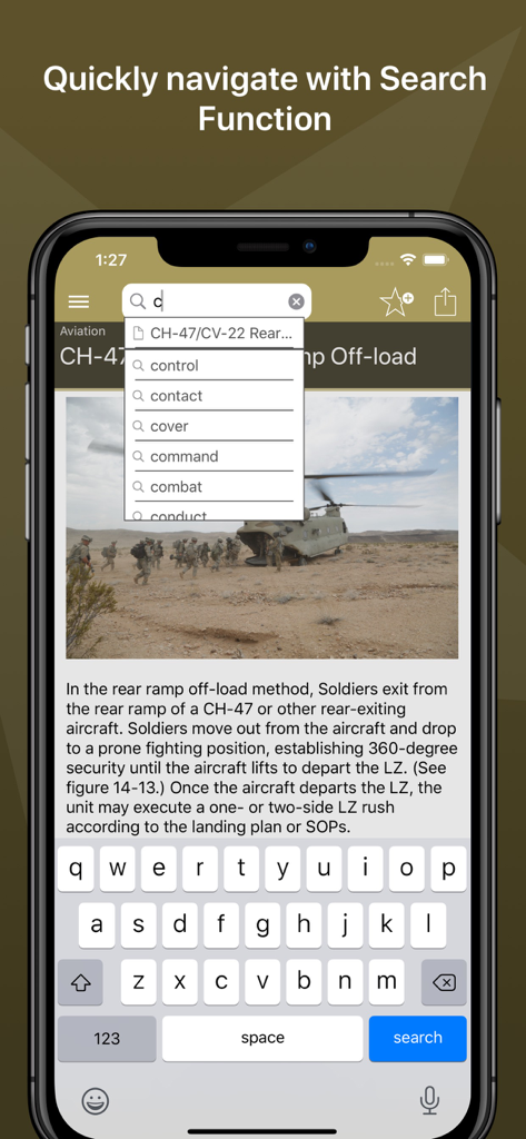 A search interface in the Army Ranger Handbook app showing tactical keywords and a military helicopter field manual entry.