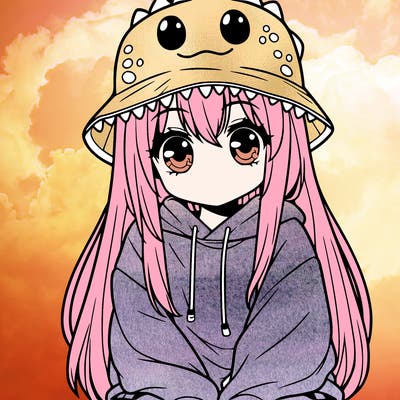 girl with anime shaped eyes with a dinosaur bucket hat oversized sweatshirt long straight hair