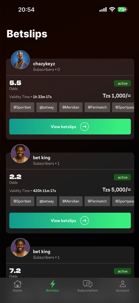 Keka App - A list of active betting slips with odds and tipster profiles in the Keka App.
