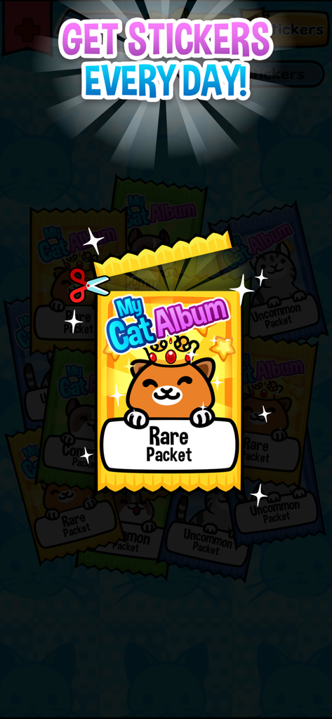 My Cat Album: Pet Sticker Game - Um pacote de figurinhas raras sendo aberto no jogo mobile Meu Álbum de Gatos, mostrando um gato fofo com uma coroa.