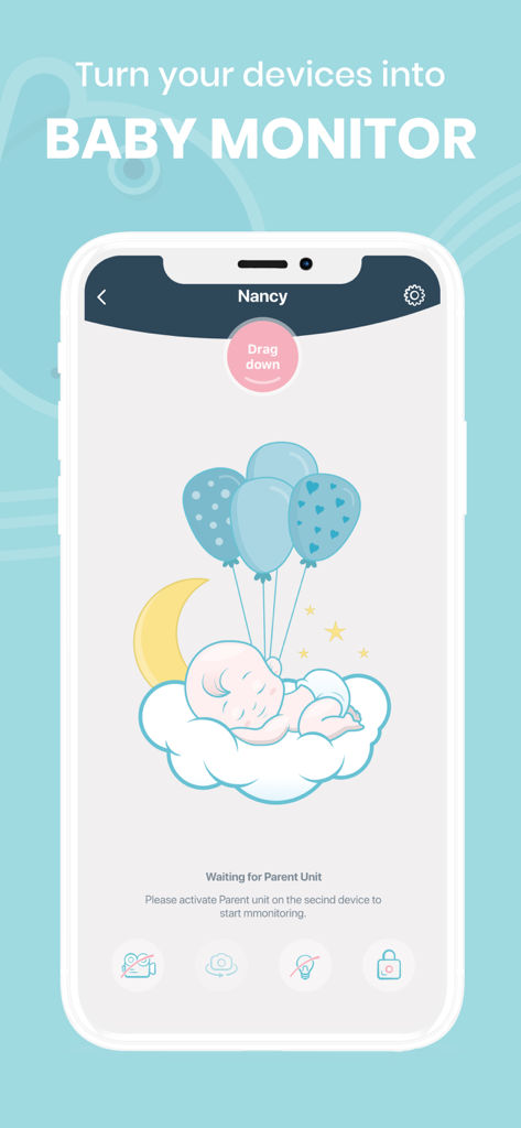 Schermata dello smartphone dell'app Baby Monitor Nancy che mostra l'illustrazione di un bambino che dorme e le istruzioni per l'accoppiamento.