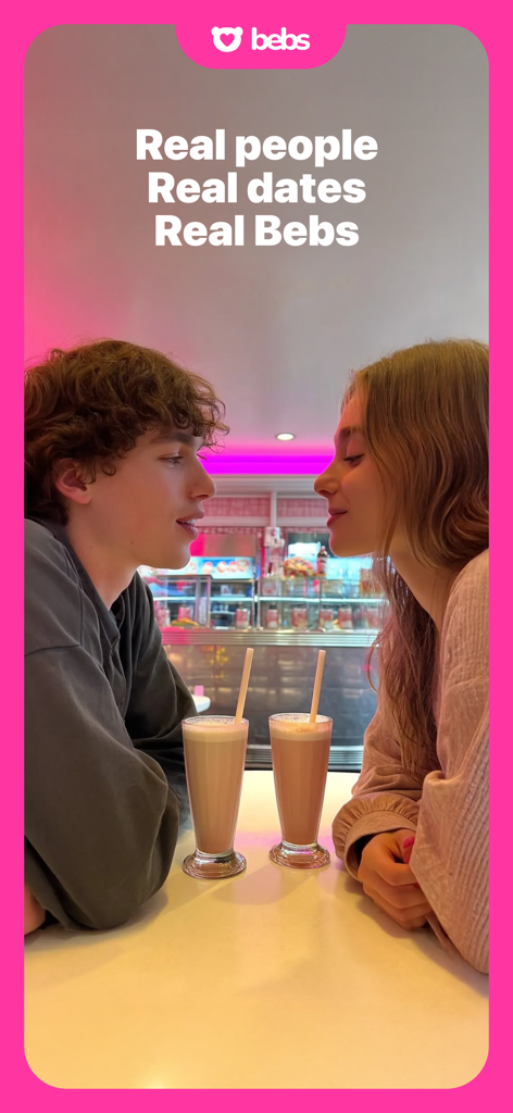 Bebs: Social Discovery & Chat - A young couple on a real date at a restaurant with the text Real people Real dates Real Bebs.