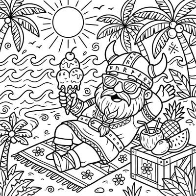 Embark on a unique coloring adventure with this delightful page featuring a Viking trader enjoying a relaxing summer vacation. Bring vibrant colors to his beach retreat, complete with ice cream and tropical treats.