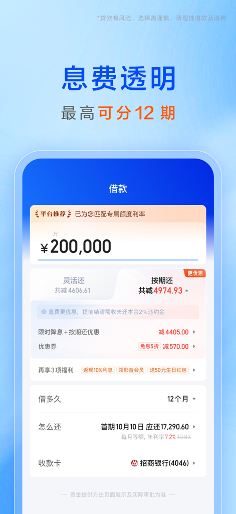 Ctrip Finance app interface displaying a personal loan limit of 200,000 Yuan with 12-month installment options
