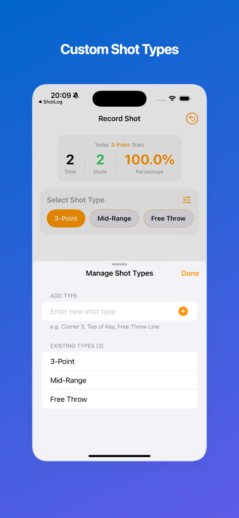 ShotLog-Shot Tracker - A mobile interface for managing and adding custom basketball shot types such as three pointers and free throws in the ShotLog app