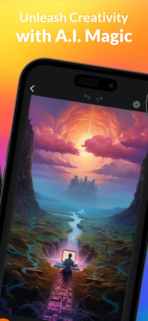 Smartphone displaying the piZap app with an AI-generated surreal landscape and the text Unleash Creativity with AI Magic