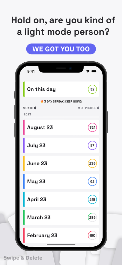 Swipe Delete: Photo Declutter - Interfaz de revisión mensual de fotos de la aplicación Swipe Delete en modo claro