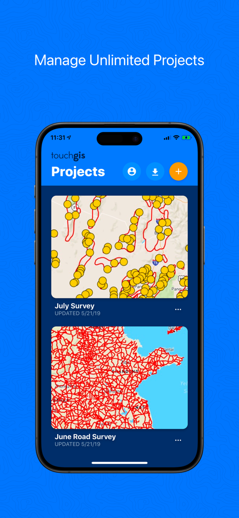 Touch GIS mobile app screen showing a list of geospatial mapping projects with map previews