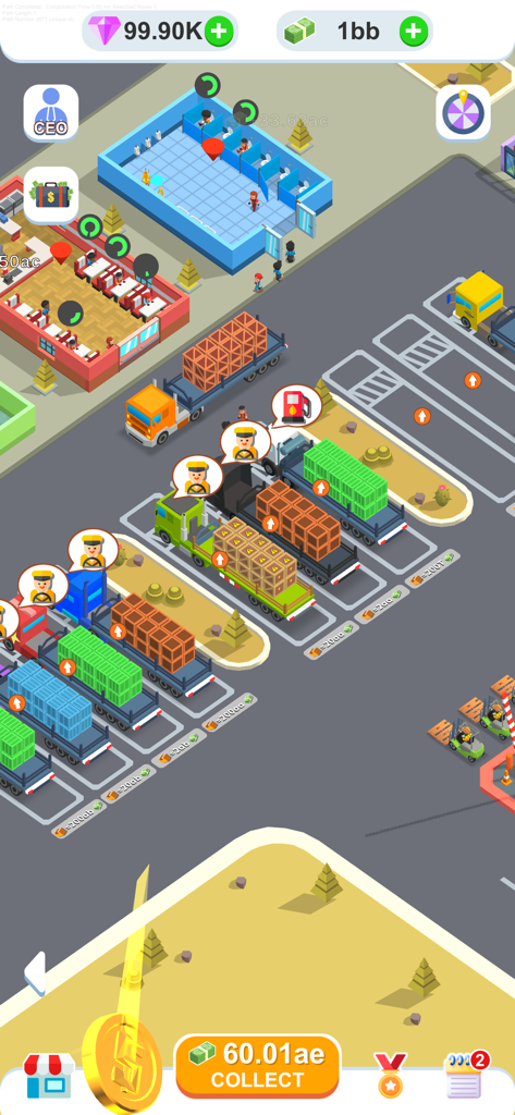 Isometric view of Truck Depot mobile game showing multiple trucks parked and being loaded with goods in a busy logistics hub.